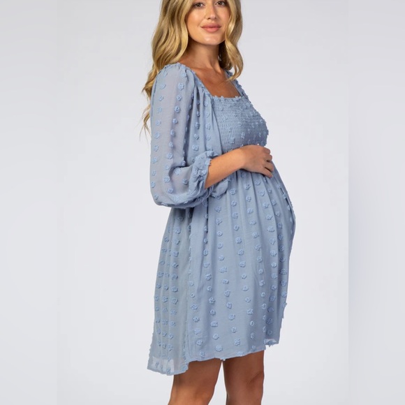 Maternity Dress, Light Blue Textured Dot Smocked Square Neck Chiffon - Picture 3 of 4